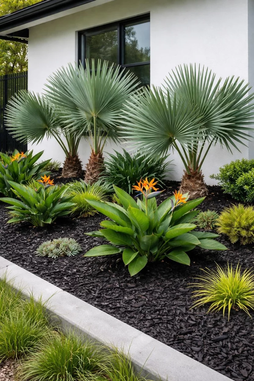 A realistic photo of a modern front garden featuring fan palms and bird of paradise plants set against a backdrop of dark black wood mulch.