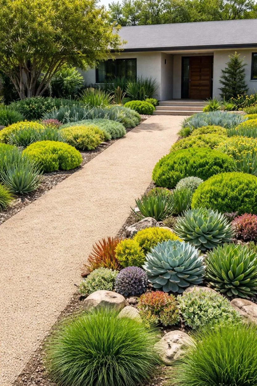 A realistic photo of a modern front garden using fire-safe landscaping with wide gravel paths separating zones of low-growing succulents and fleshy green shrubs.