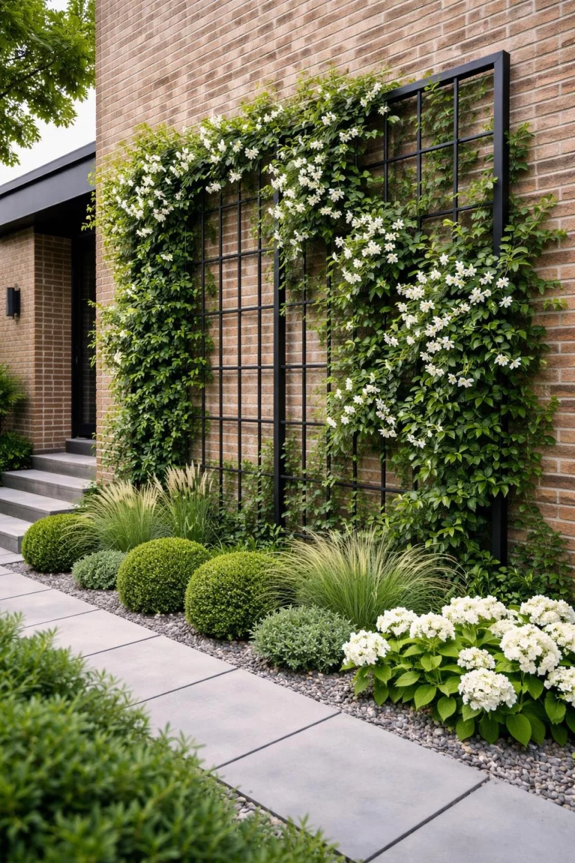 A realistic photo of a modern front garden featuring a sleek black trellis attached to a brick wall covered in lush green climbing ivy and white jasmine flowers.