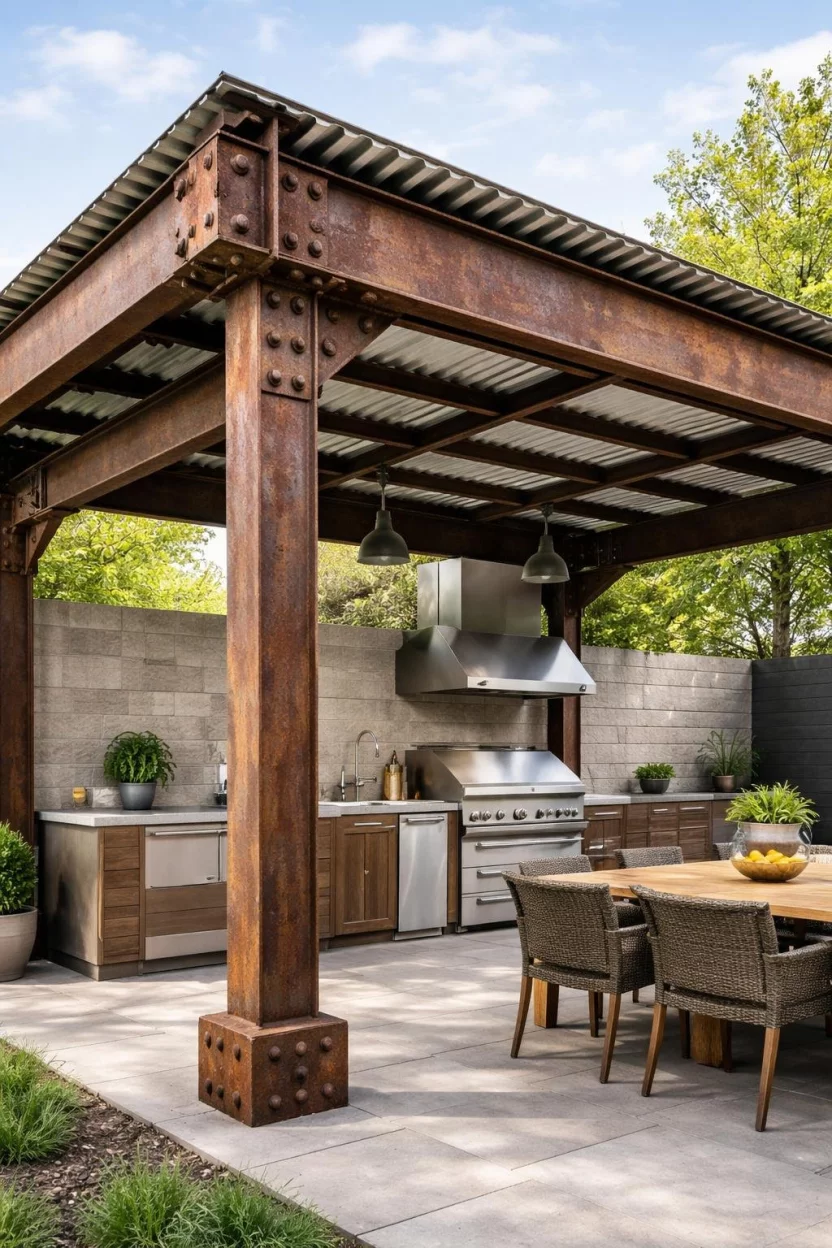 Industrial I Beam Construction A realistic photo of a rugged industrial style pergola made from reclaimed rusty steel I beams, featuring thick bolt details and a minimalist corrugated metal roof over a modern outdoor kitchen with stainless steel appliances.