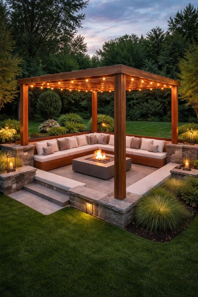 Sunken Fire Pit Surround A realistic photo of a square wooden pergola built directly over a sunken stone conversation pit, featuring a central modern fire table and built in wooden benches with white upholstery nestled into a manicured green lawn at dusk.