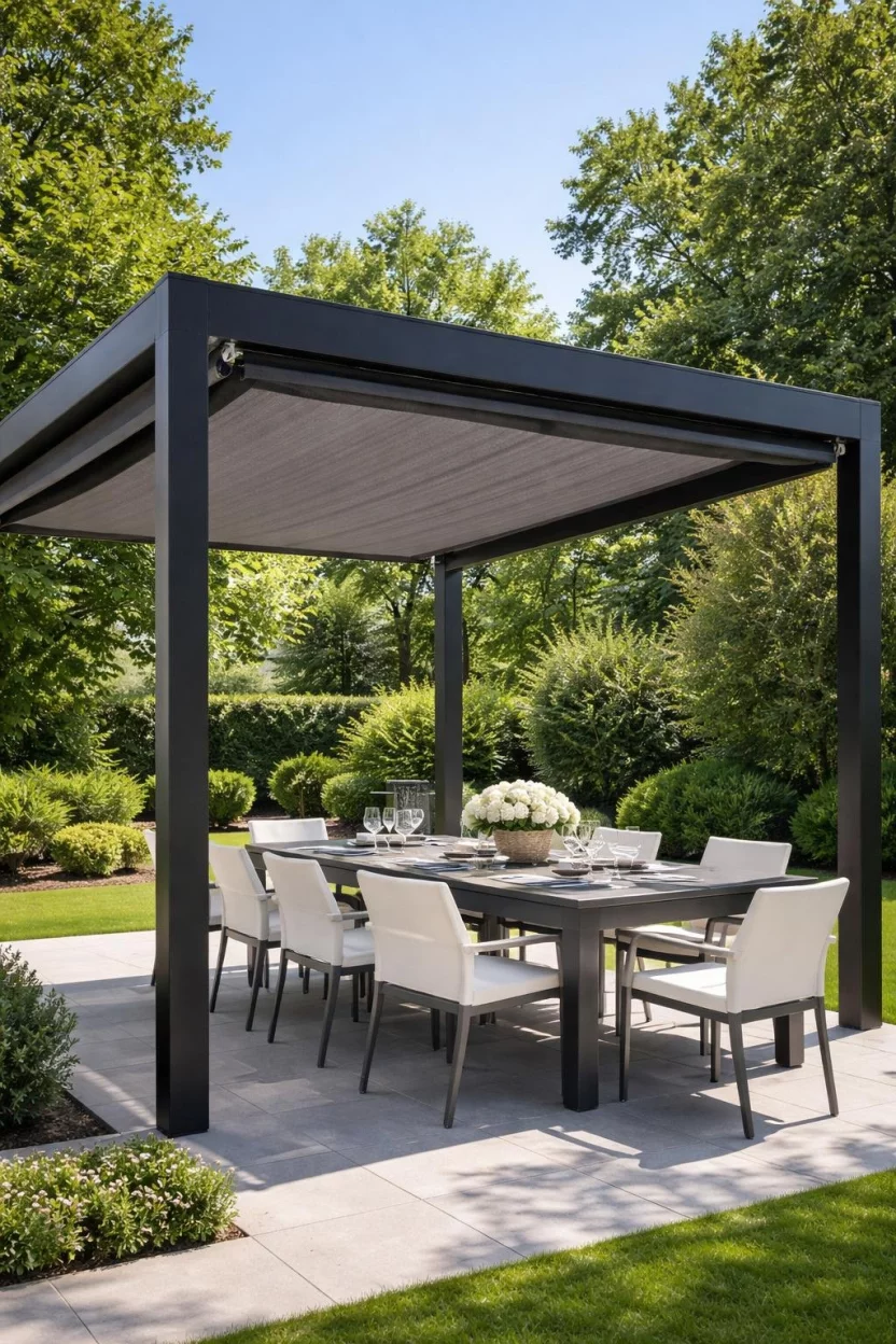 Retractable Black Fabric Canopy A realistic photo of a sleek matte black aluminum pergola frame equipped with a motorized charcoal grey fabric shade partially retracted, sheltering a high-end outdoor dining table with glass place settings and modern white chairs in a lush green backyard.