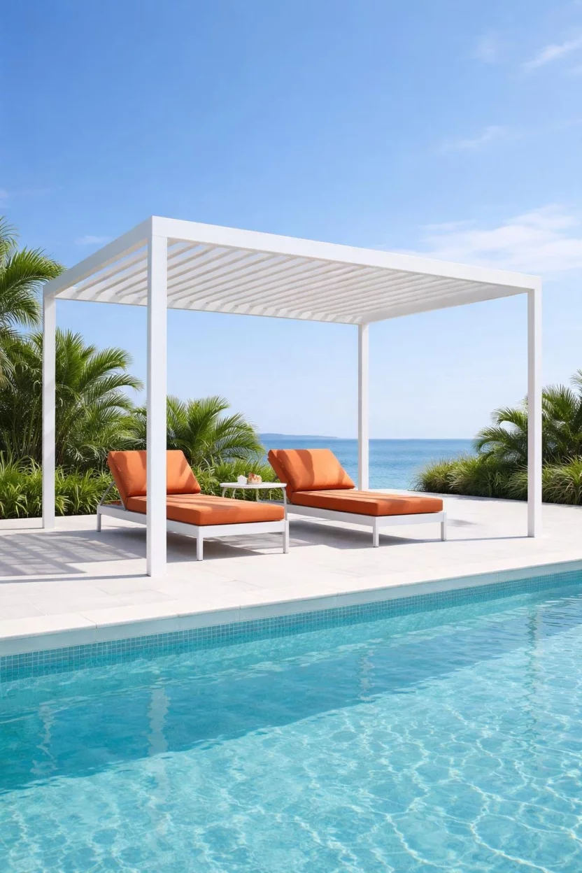 Minimalist White Aluminum Frames A realistic photo of a crisp white aluminum pergola with ultra thin posts and a simple slatted roof, standing on a white tile pool deck with turquoise water and modern orange loungers under a bright blue sky.