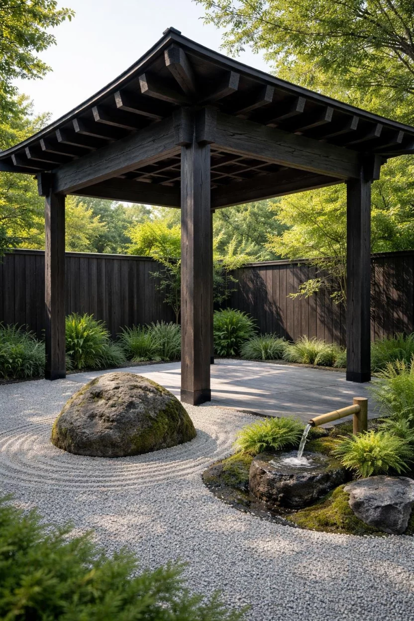 Japanese Inspired Zen Structure A realistic photo of a dark charred wood Shou Sugi Ban pergola with elegant overhanging eaves and minimalist joinery, situated over a gravel zen garden with a single large boulder and a small water feature.