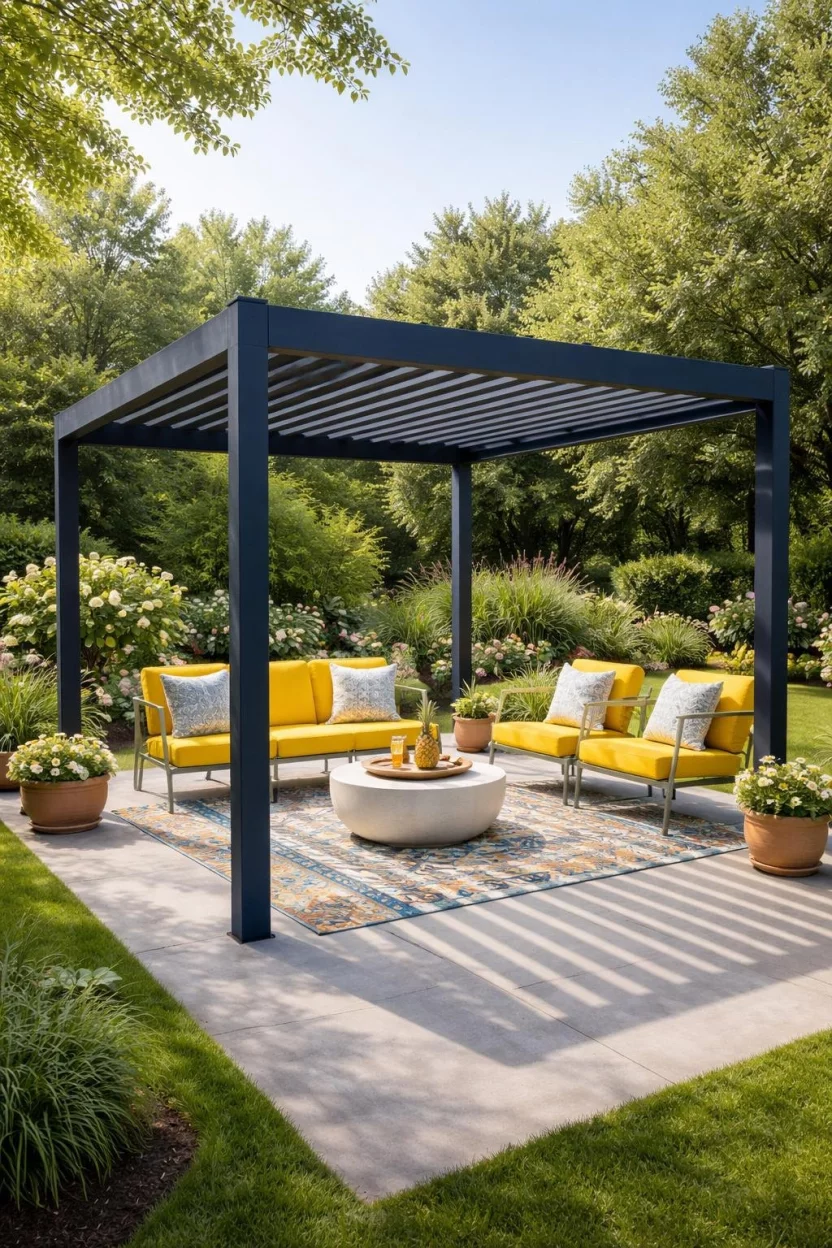 Color Pop Structural Elements A realistic photo of a bold navy blue aluminum pergola standing in a vibrant green garden, featuring yellow outdoor chairs and a colorful patterned outdoor rug on a light grey concrete patio during a bright morning.