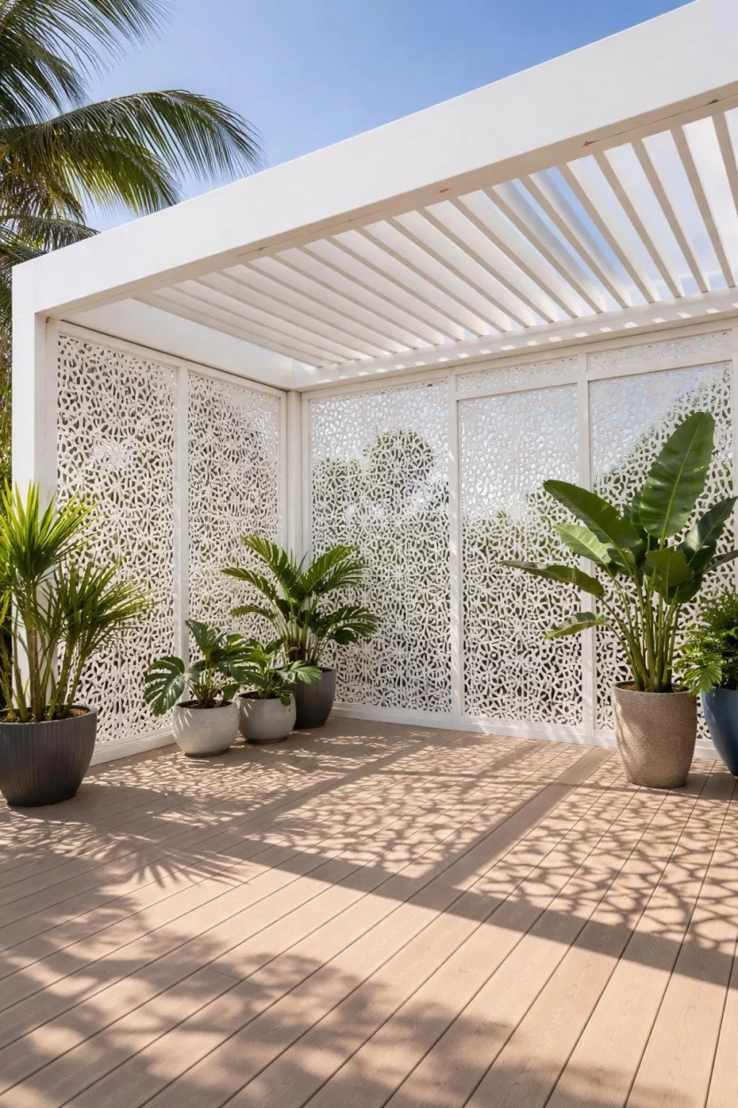 Geometric Metal Laser Cut Screens A realistic photo of a white modern pergola featuring side walls made of laser cut aluminum panels with intricate geometric patterns, casting complex shadows onto a light wood deck and a collection of potted tropical plants in bright sunlight.