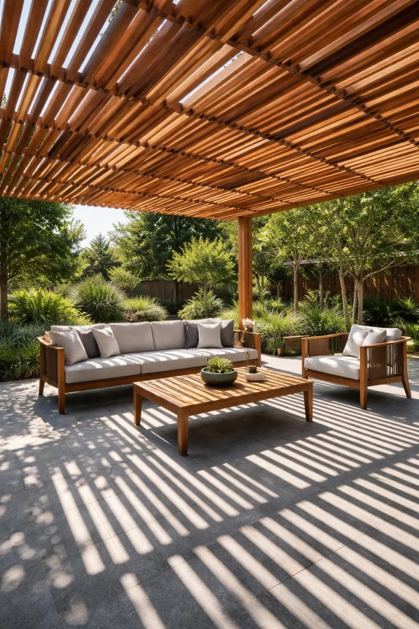 Asymmetrical Slatted Wood Patterns A realistic photo of a modern wooden pergola with varying widths of cedar slats arranged in an intentional random pattern, casting long linear shadows across a mid-century modern outdoor sofa set and a grey stone floor during a bright afternoon.