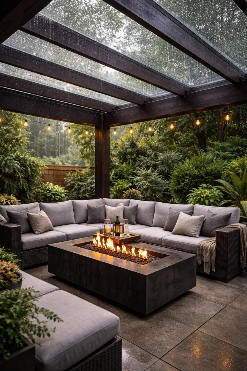 Integrated Glass Ceiling Panels A realistic photo of a contemporary dark wood pergola featuring thick tempered glass panels installed between the rafters, showcasing a cozy outdoor lounge area with a gas fire pit and plush grey cushions during a light rainstorm.