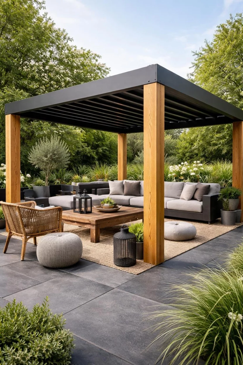 Mixed Material Contrast A realistic photo of a designer pergola combining thick natural oak pillars with a matte black powder coated aluminum roof structure, set on a dark slate patio with a mix of modern and rustic furniture.