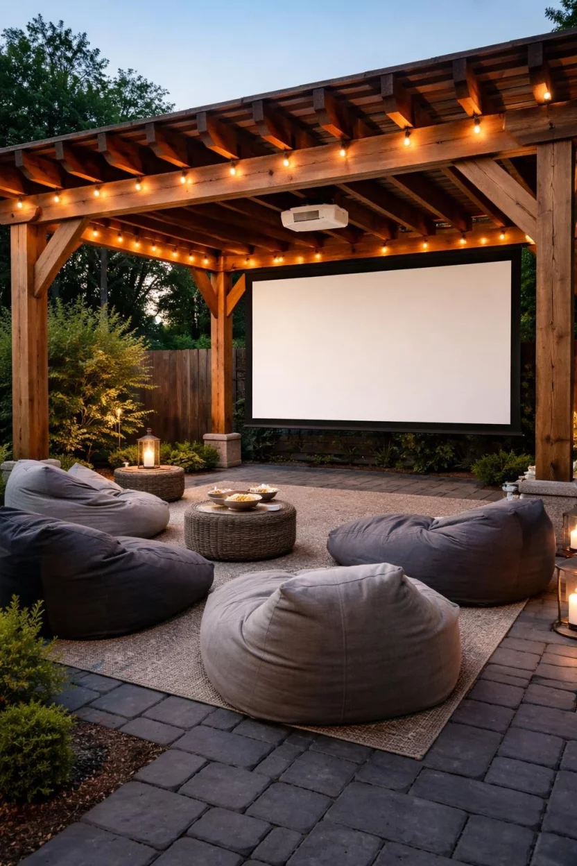 Integrated Outdoor Cinema Setup A realistic photo of a sturdy oversized timber pergola with a wide white projection screen mounted on one side, featuring a hidden ceiling projector and comfortable outdoor bean bags arranged on a dark paved patio under string lights.