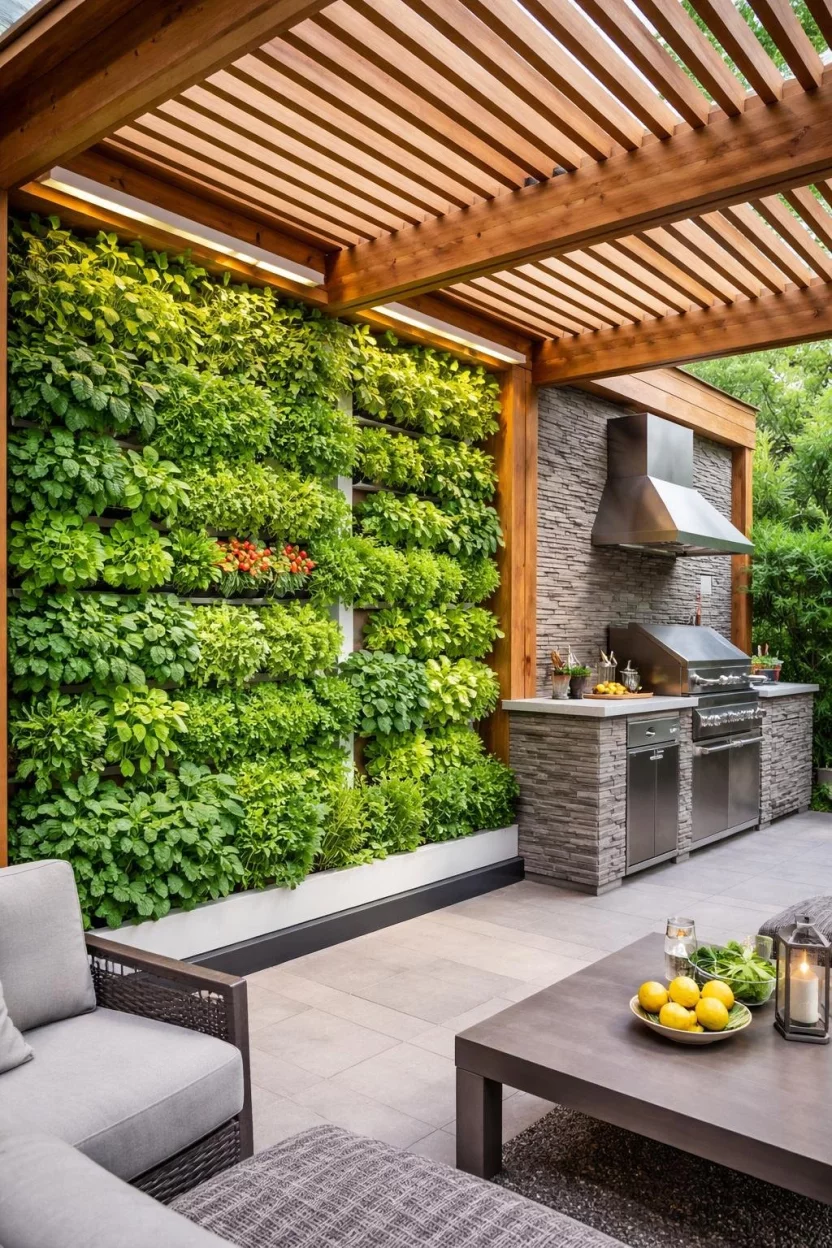 Integrated Vertical Herb Garden A realistic photo of a modern wood pergola where one entire side wall consists of a vertical hydroponic garden filled with bright green herbs and small vegetables, located next to a built in grey stone barbecue station.