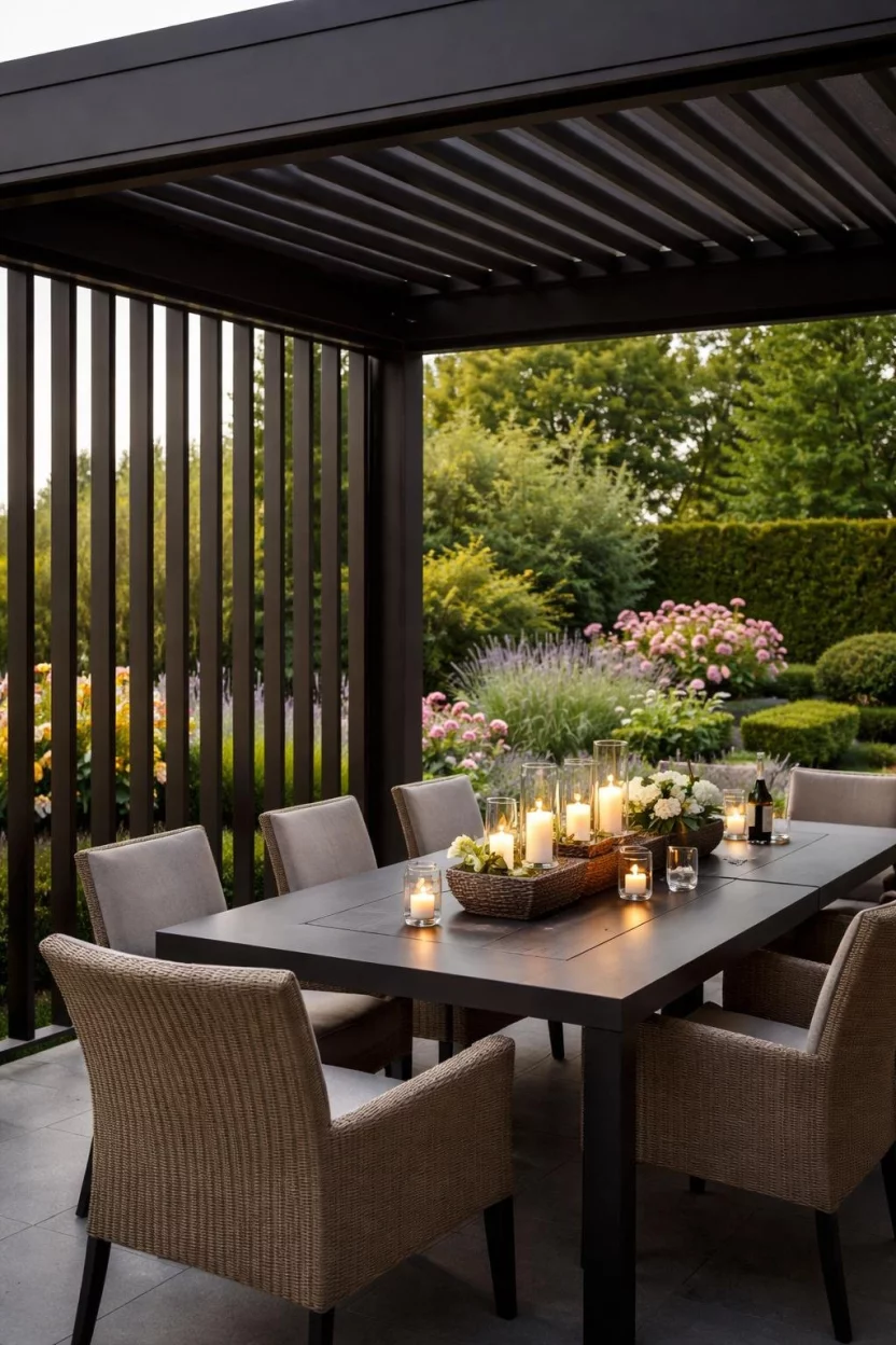 Adjustable Privacy Louvers A realistic photo of a dark brown pergola featuring vertical side louvers that are partially tilted to filter light, revealing a peek of a manicured flower garden behind a modern outdoor dining set with flickering candles.