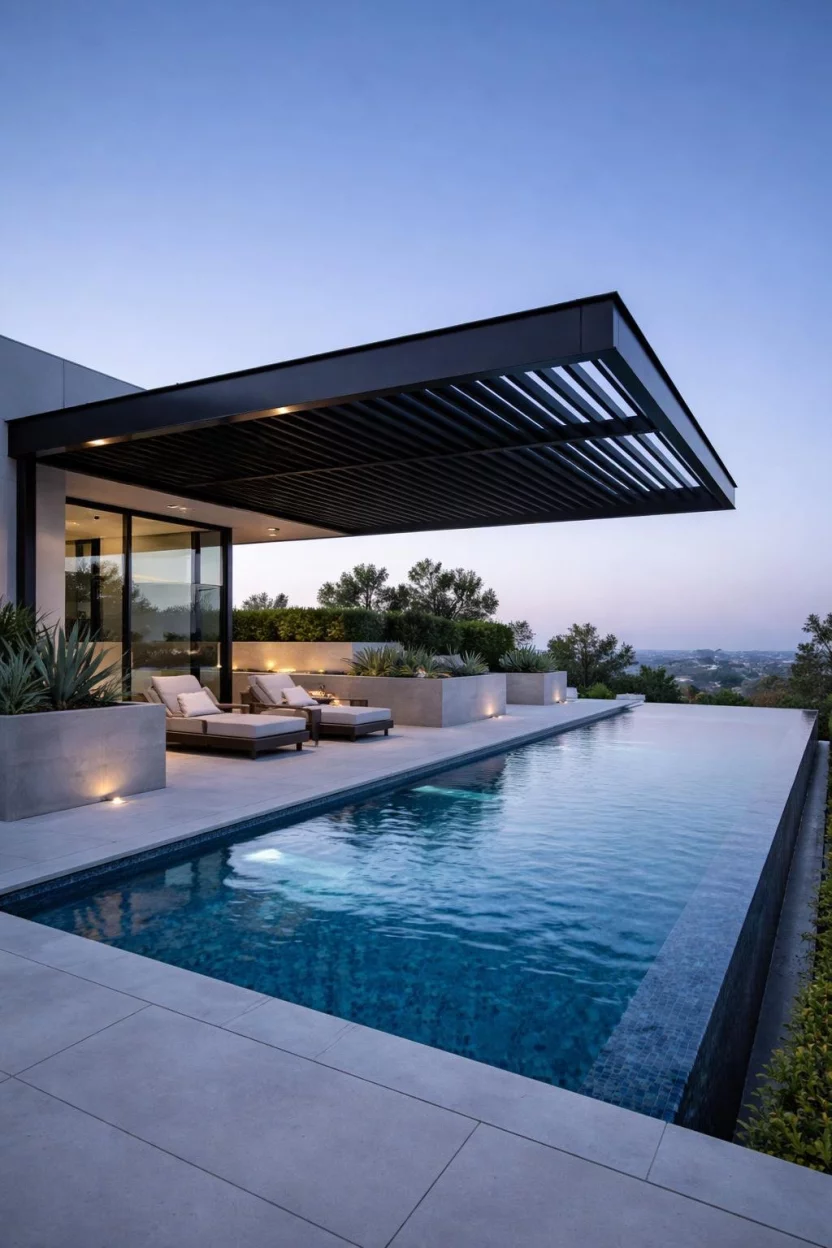 Cantilevered Steel Floating Roof A realistic photo of a luxury patio featuring a massive black steel cantilevered pergola that projects over a blue infinity pool without visible support columns on one side, surrounded by minimalist concrete planters and sharp architectural lines under a clear twilight sky.