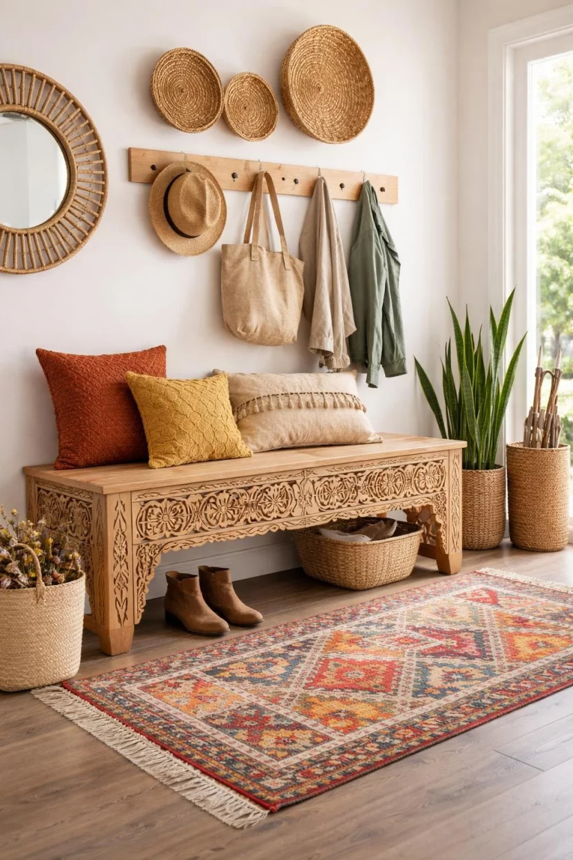 A realistic photo of a bohemian mudroom featuring a hand carved mango wood bench with intricate patterns and a colorful woven rug underneath.