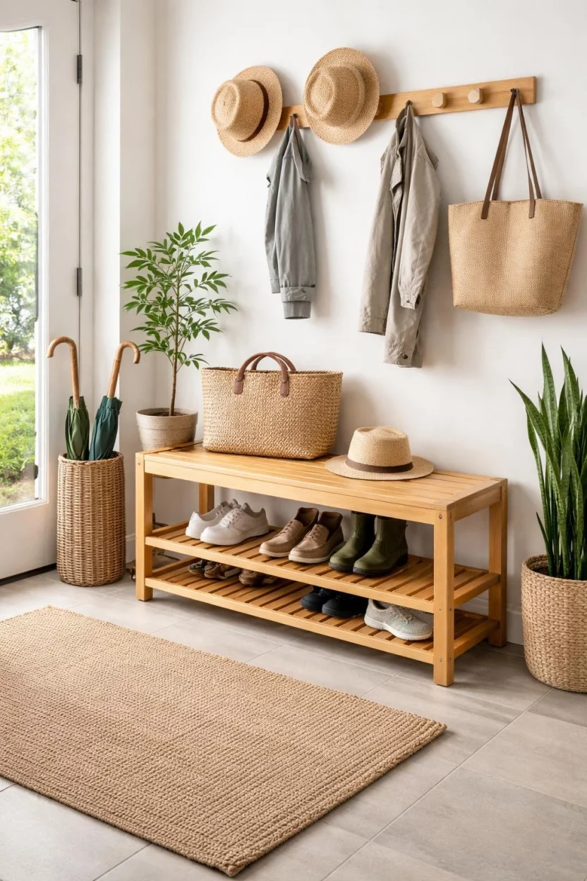 A realistic photo of an eco friendly mudroom featuring a natural bamboo bench with two integrated slatted shoe shelves and a small basket for umbrellas.