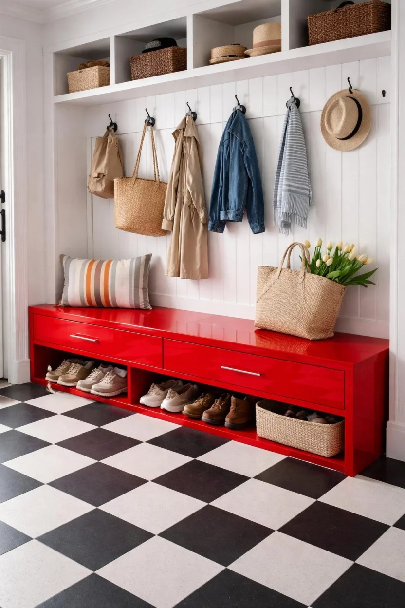 A realistic photo of a vibrant mudroom featuring a high gloss bright red bench with a sleek modern design on a checkered black and white floor.