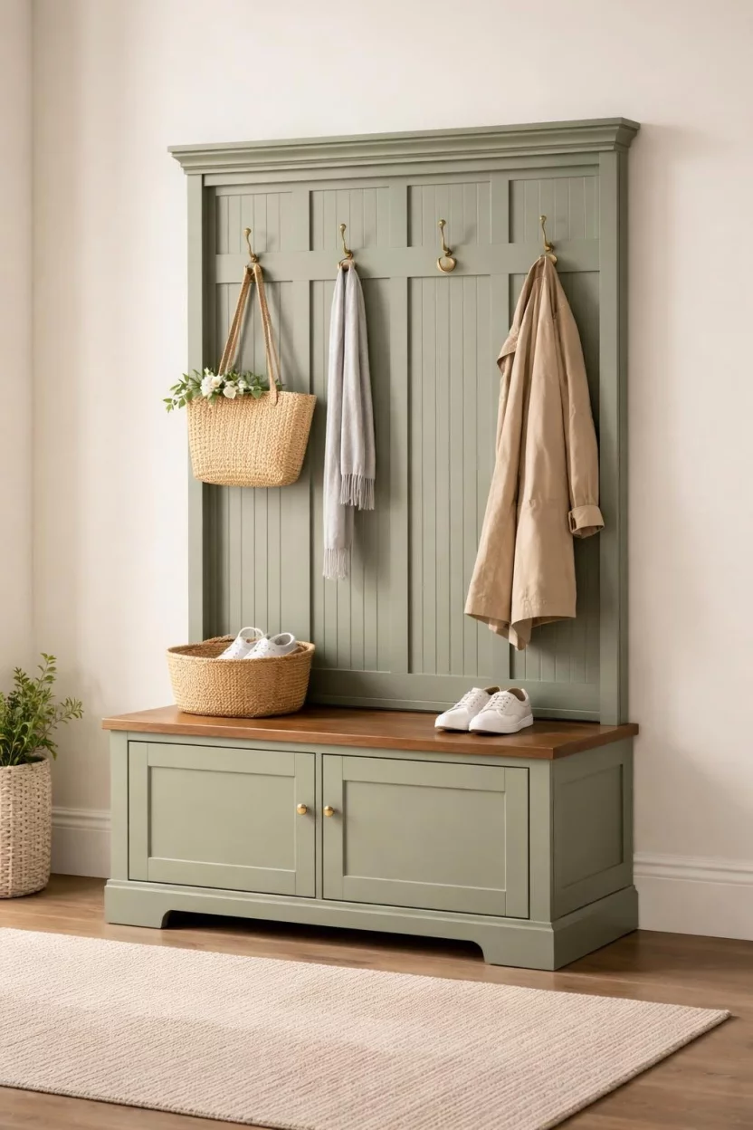 A realistic photo of a sage green shaker style hall tree with an integrated bench featuring tall vertical panels and four double pronged brass hooks against a neutral background.