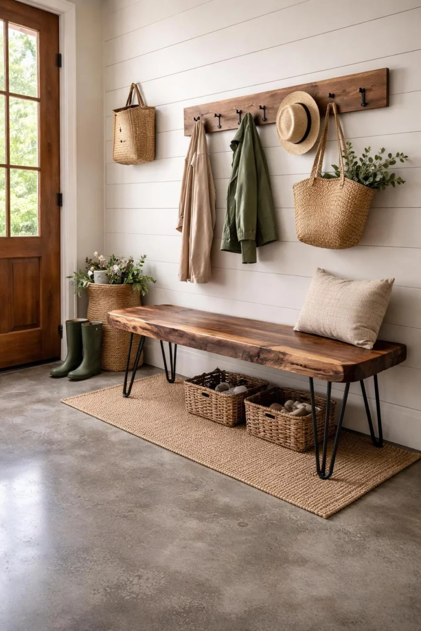 A realistic photo of a rustic mudroom entryway featuring a thick live edge walnut wood bench with black hairpin legs standing on a polished concrete floor.