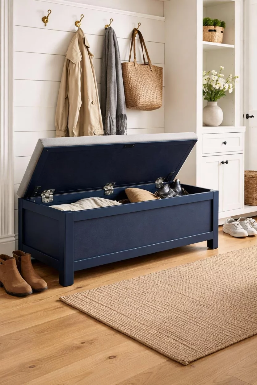 A realistic photo of a contemporary mudroom featuring a navy blue flip top storage bench with silver hinges and a plush grey seat cushion sitting on a light oak hardwood floor.
