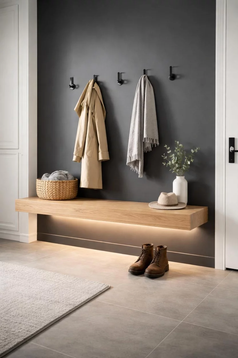 A realistic photo of a minimalist mudroom featuring a floating light oak bench mounted to a charcoal grey wall with LED strip lighting underneath and a pair of leather boots on the floor below.