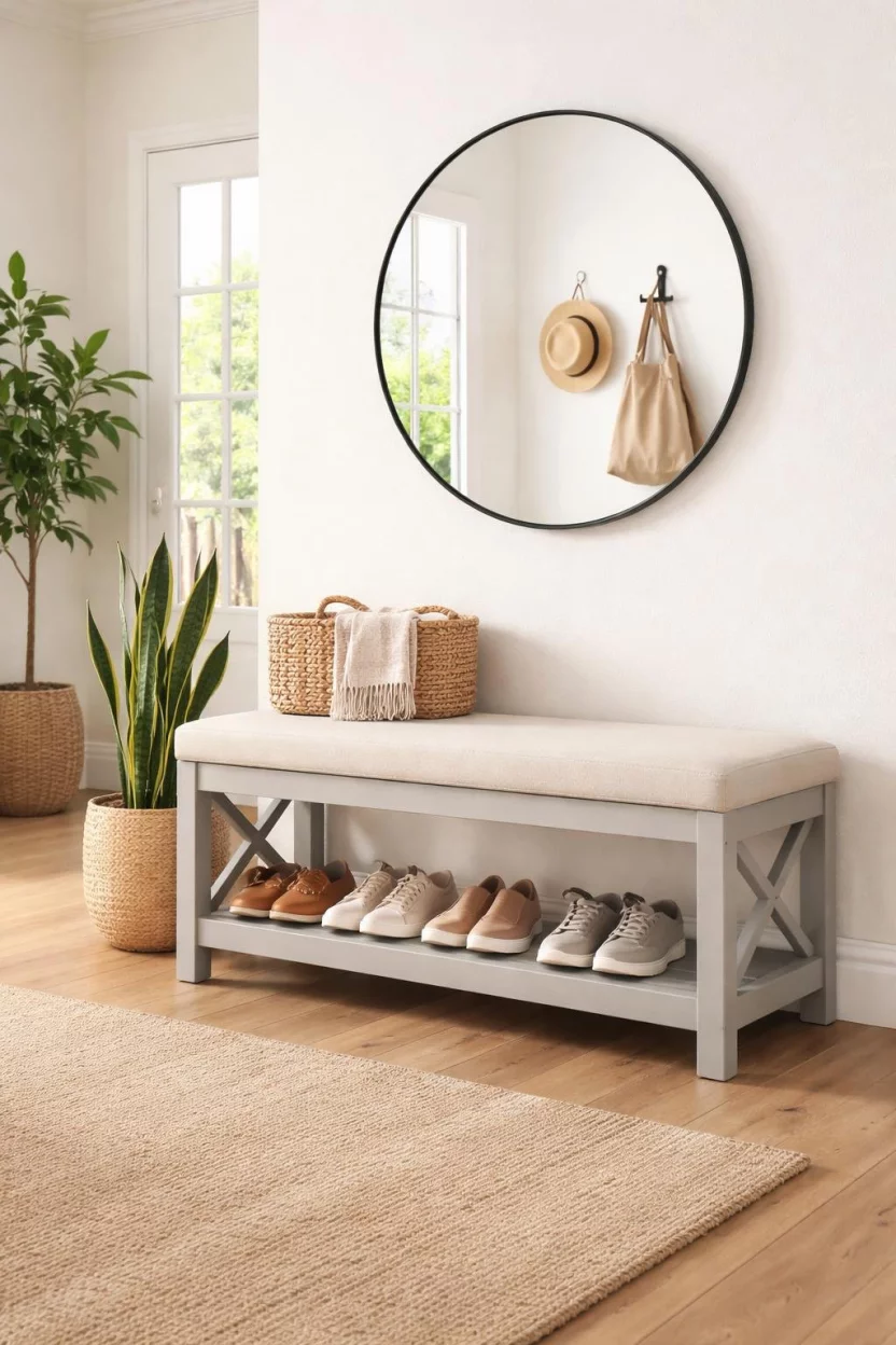 A realistic photo of an entryway with a light grey X frame wooden bench featuring a lower shelf for shoe storage and a circular wall mirror above it.