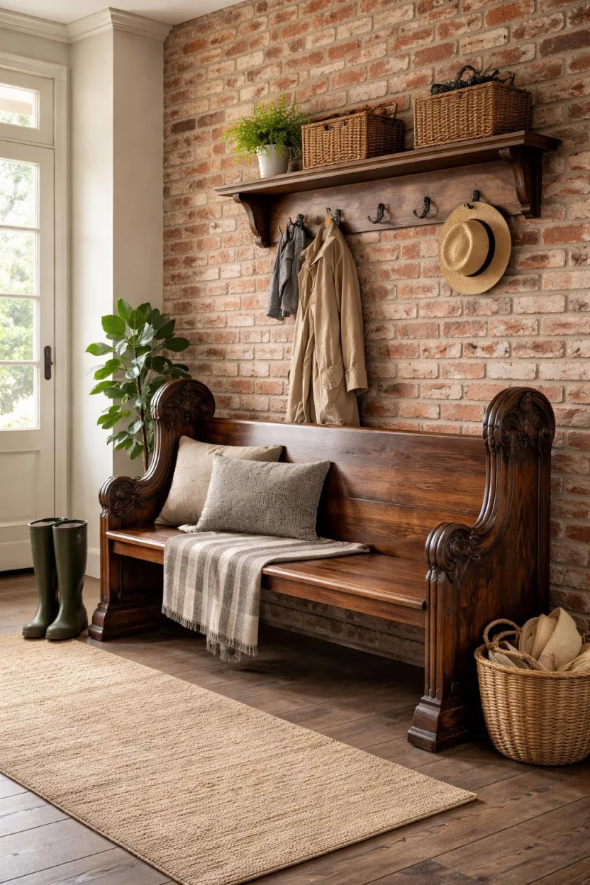 A realistic photo of a historic mudroom featuring a reclaimed dark oak church pew with ornate carved ends placed against a brick wall.
