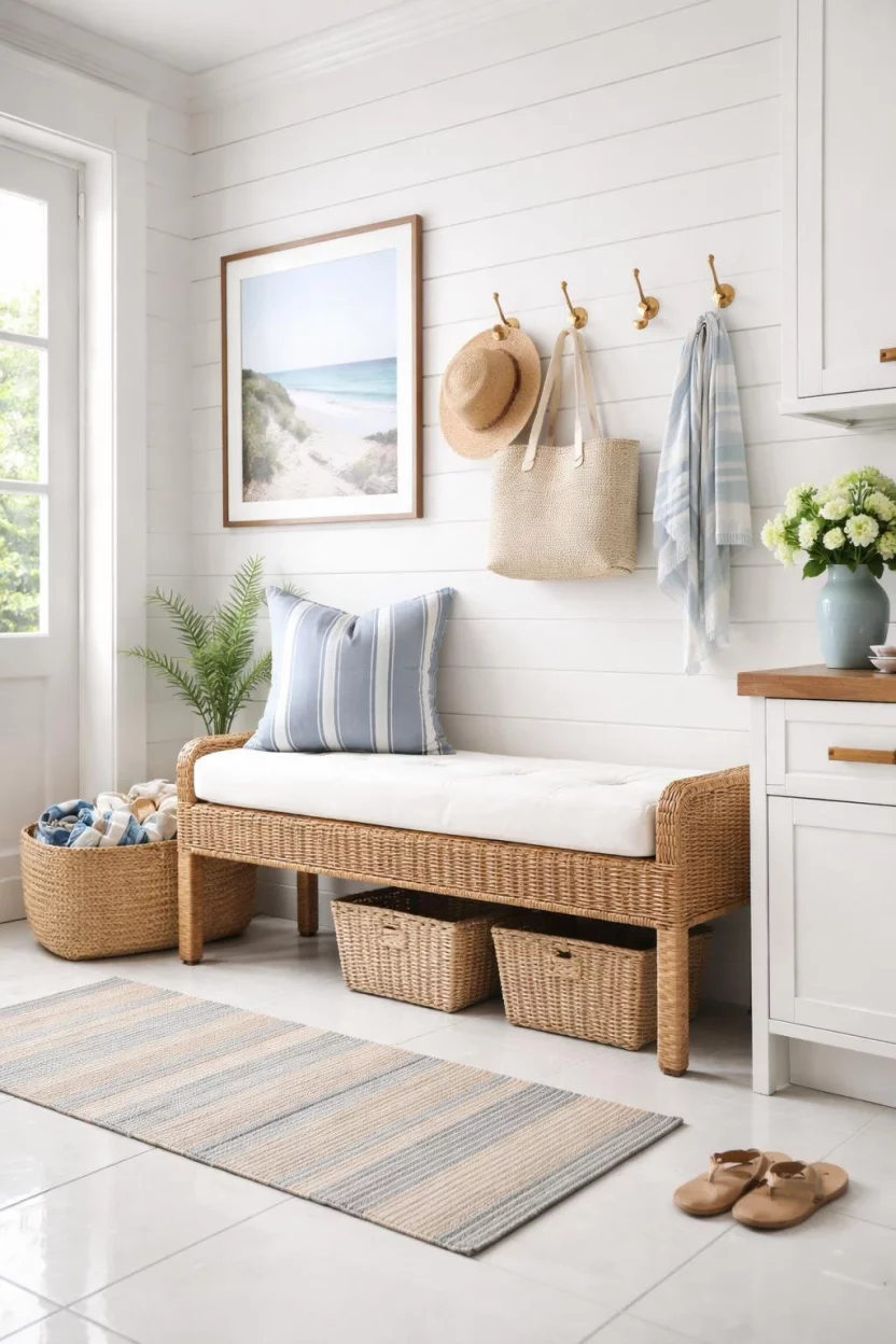 A realistic photo of a coastal themed mudroom featuring a natural woven rattan bench with white cushions and a blue striped throw pillow standing on a white tile floor.