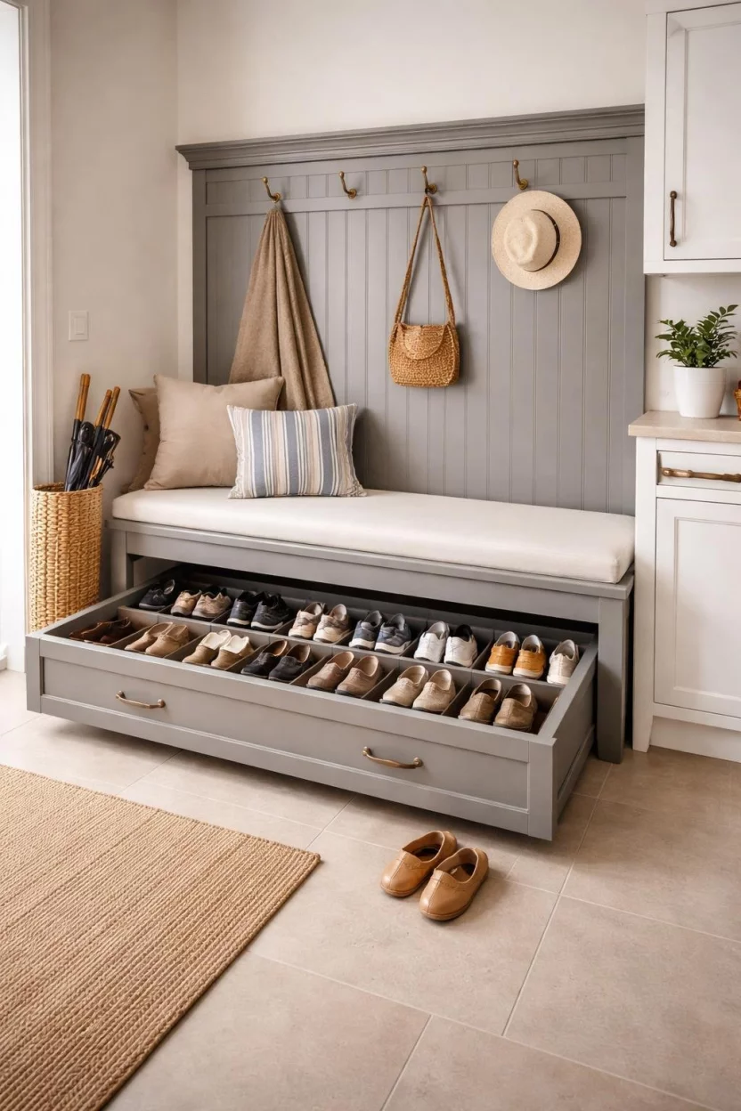 A realistic photo of a modern mudroom with a grey wooden bench featuring a large pull out bottom drawer that reveals multiple shoe slots inside.