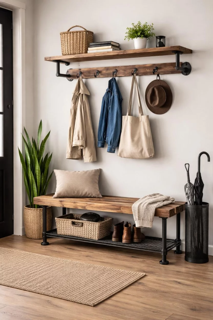 A realistic photo of a modern industrial entryway featuring a bench made of reclaimed pine wood supported by matte black iron pipes with a matching overhead shelf and metal coat hooks.