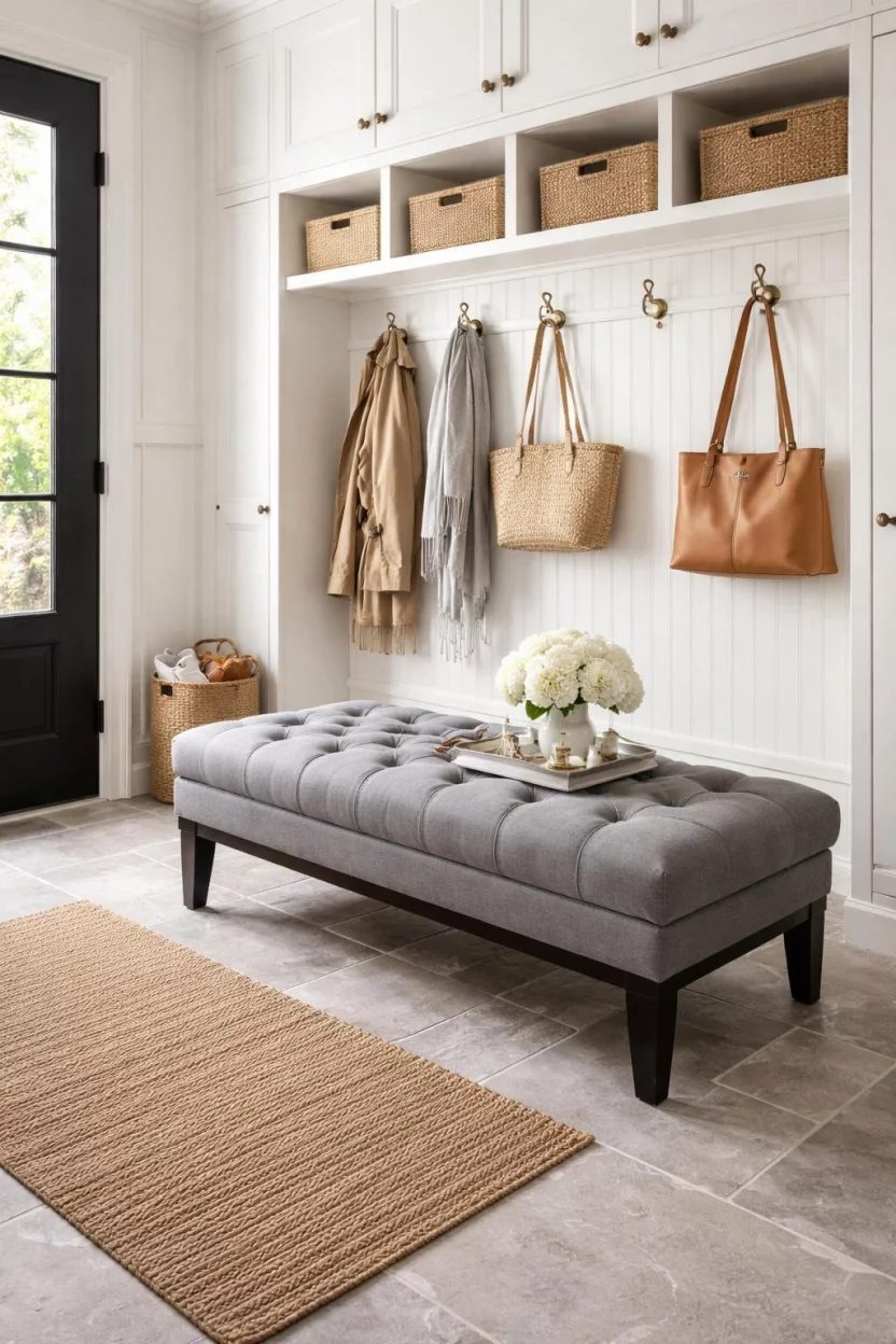 A realistic photo of an elegant mudroom with a grey upholstered tufted bench featuring dark espresso wood legs and a small silver decorative tray on top.