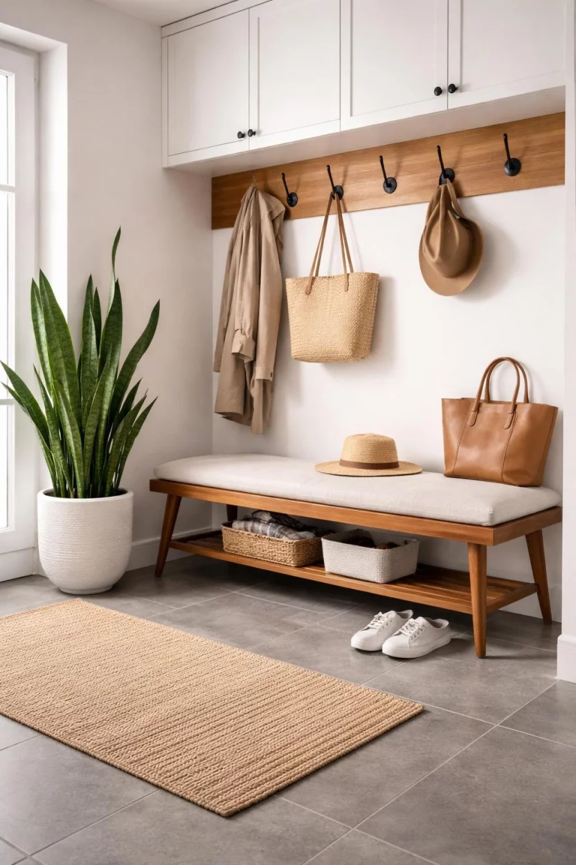 A realistic photo of a mid century modern mudroom with a teak slat wood bench featuring tapered legs and a large green snake plant in a ceramic pot nearby.