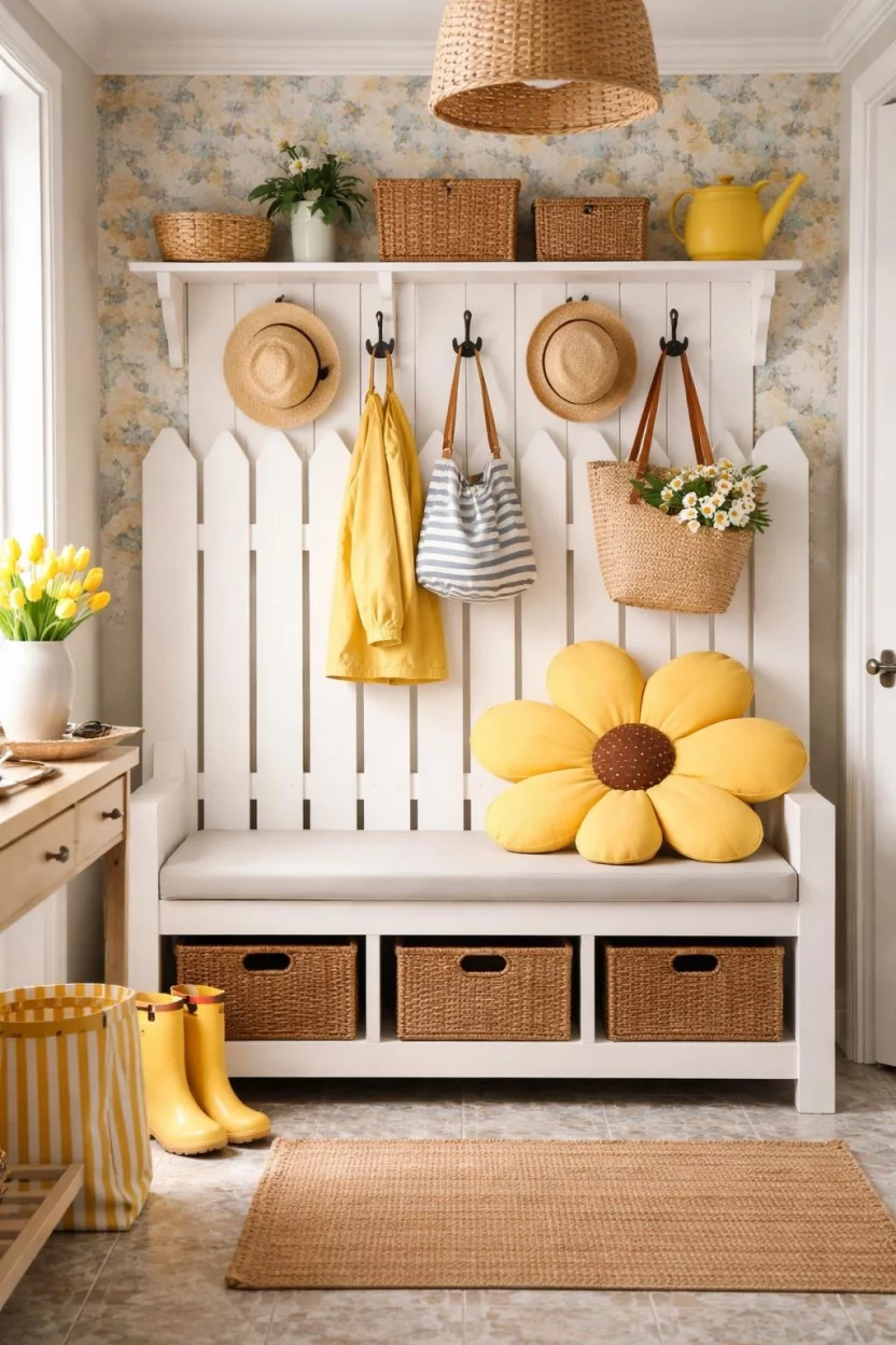 A realistic photo of a whimsical mudroom featuring a white wooden bench with a high back shaped like a picket fence and a yellow flower cushion.