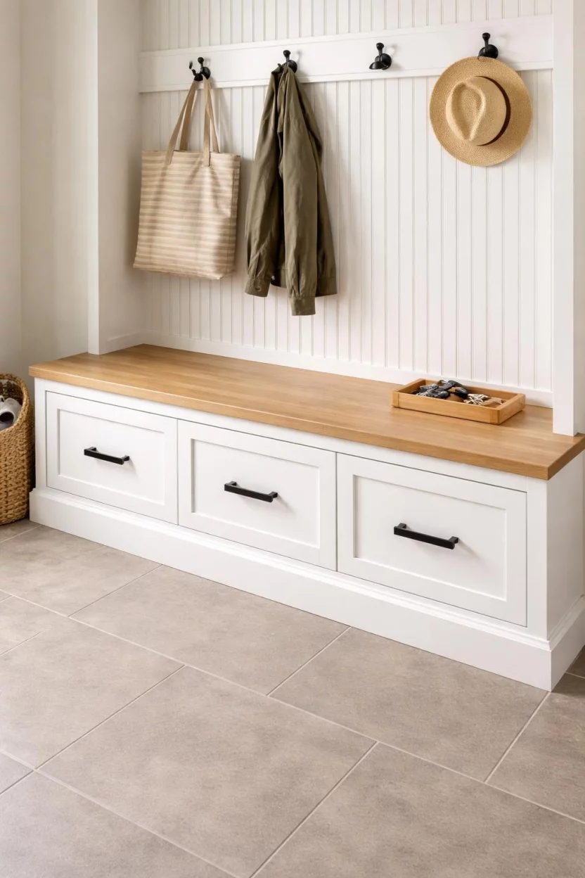 A realistic photo of a white mudroom bench with three large pull out drawers featuring black handles and a small wooden tray with keys on top.