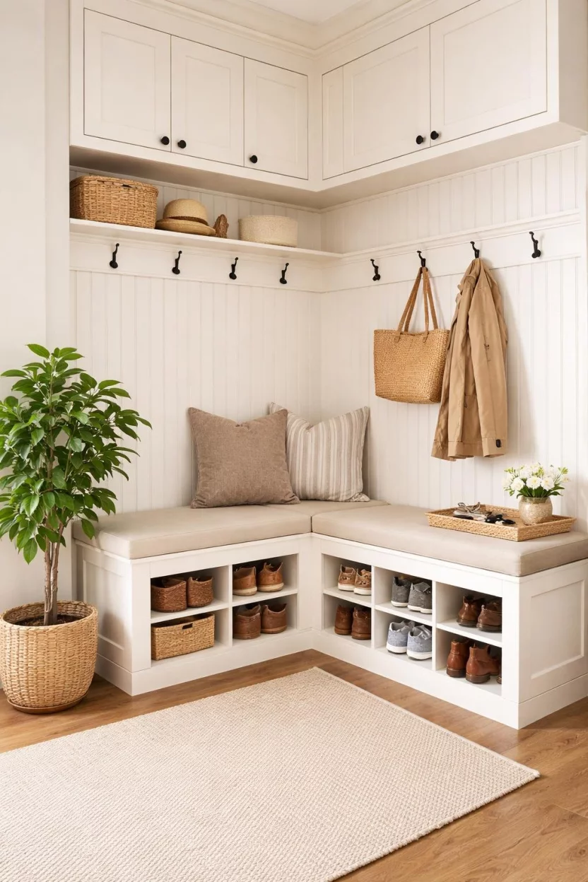 A realistic photo of a cozy mudroom corner featuring an L shaped cream colored wooden bench with a built in shoe rack underneath and a small potted plant in the corner.