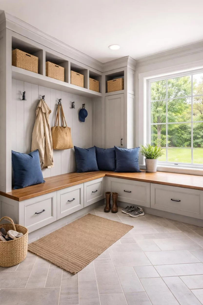 A realistic photo of a spacious mudroom with l-shaped corner cabinetry in a soft gray, a built-in wooden corner bench with plush navy blue pillows, overhead cubbies for baskets, and a large window overlooking a green backyard which brings in plenty of natural light.
