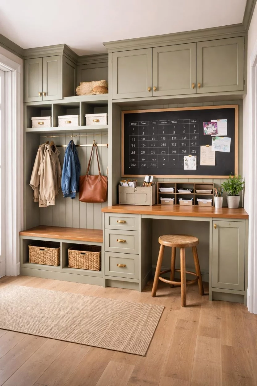 A realistic photo of an organized mudroom featuring sage cabinets and a small integrated wooden desk area, a magnetic chalkboard on the wall for schedules, mail sorting cubbies, a comfortable wooden stool tucked under the counter, and baskets for school papers.