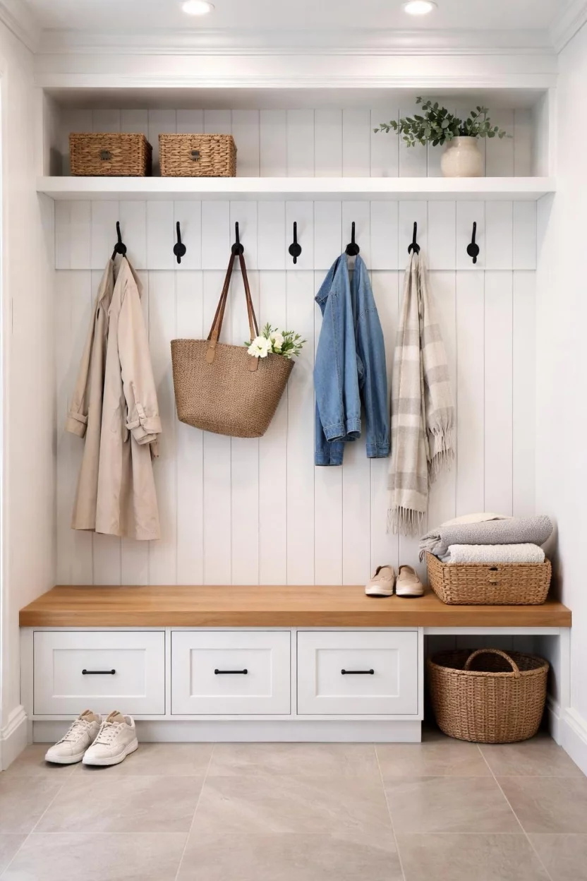 A realistic photo of a mudroom wall covered in vertical white shiplap paneling, featuring a row of black hooks and a built in wooden bench underneath, illuminated by soft overhead lighting.