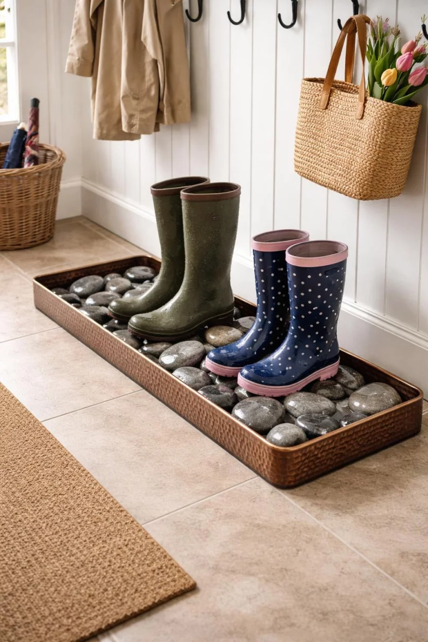 A realistic photo of a mudroom floor featuring a long hammered copper boot tray filled with large grey stones, holding two pairs of wet rain boots near a white painted wall.