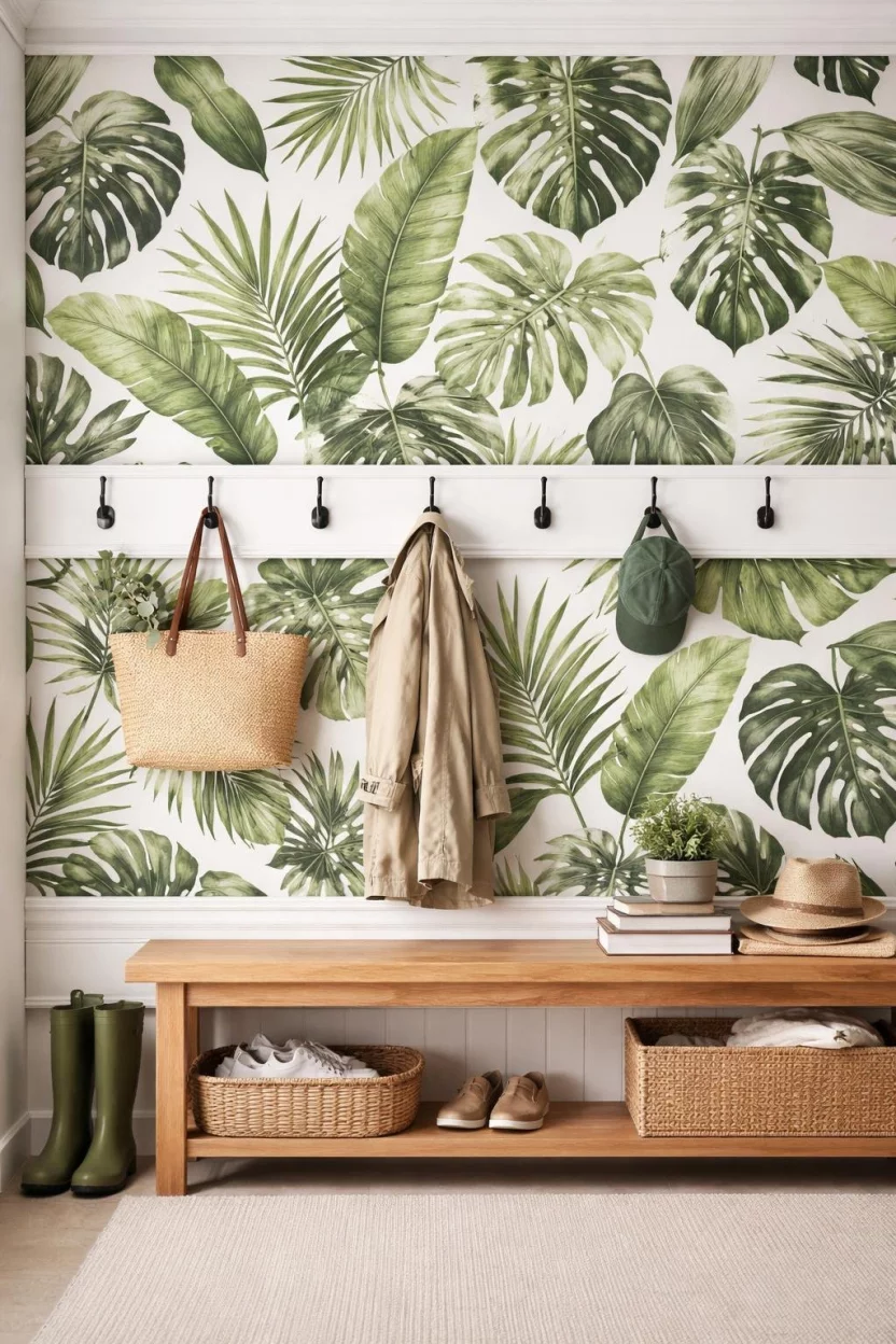 A realistic photo of a mudroom wall featuring bold botanical print removable wallpaper with green leaves on a white background, behind a row of simple black hooks and a wooden bench.