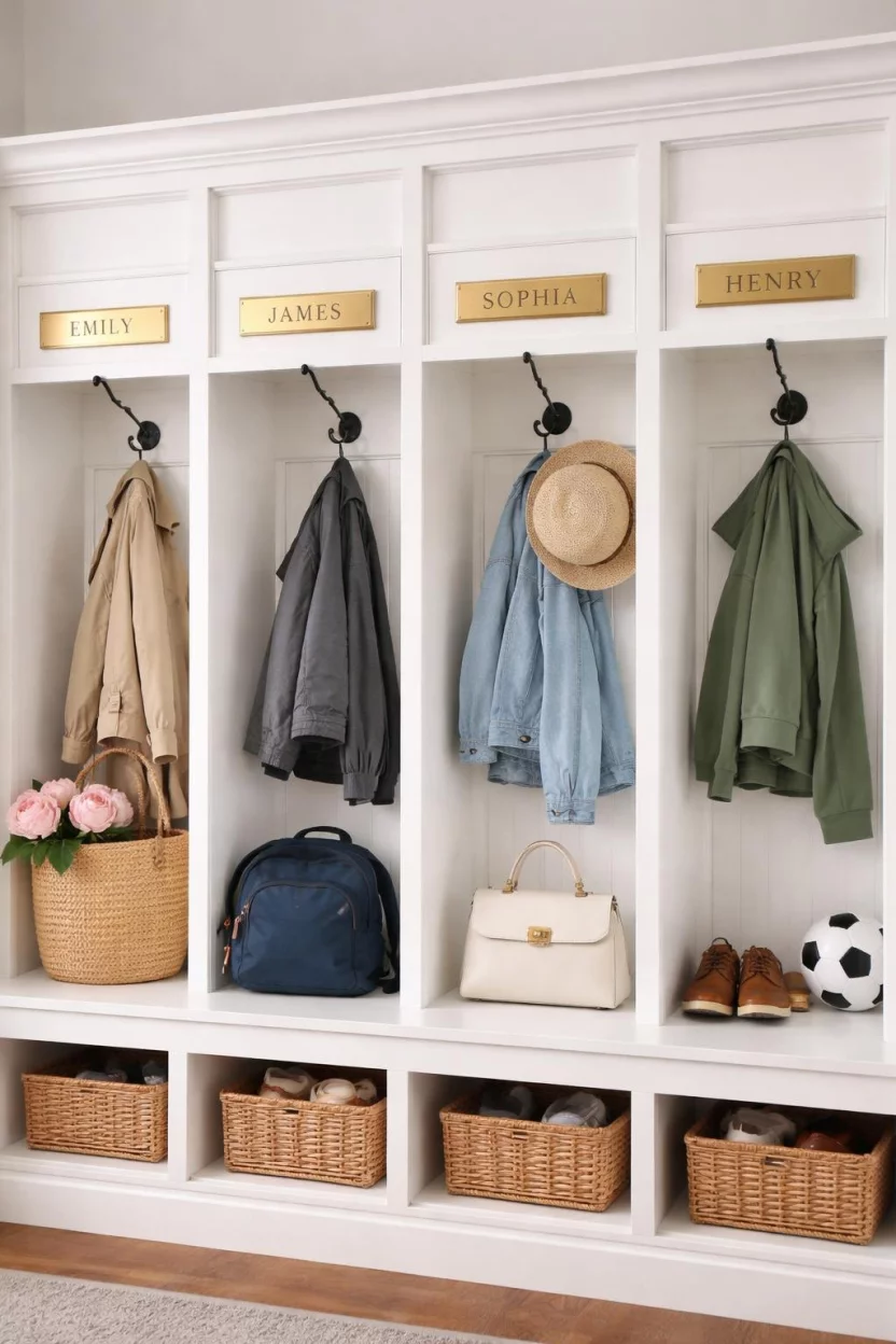 A realistic photo of a mudroom locker system with brass name plates mounted above each cubby, featuring elegant engraved names and paired with black metal hooks on a white background.