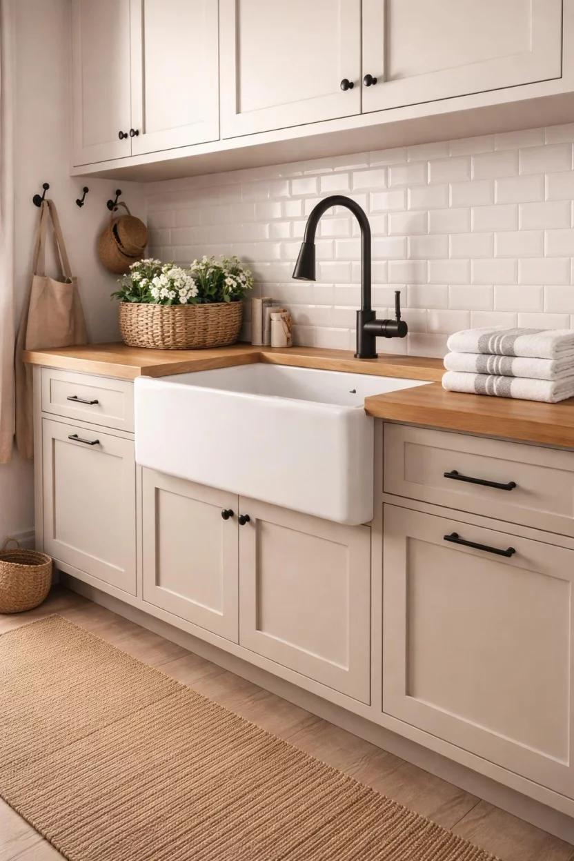 A realistic photo of a mudroom featuring a white apron front farmhouse sink with a tall charcoal faucet, set into a light wood countertop with a stack of clean towels nearby.