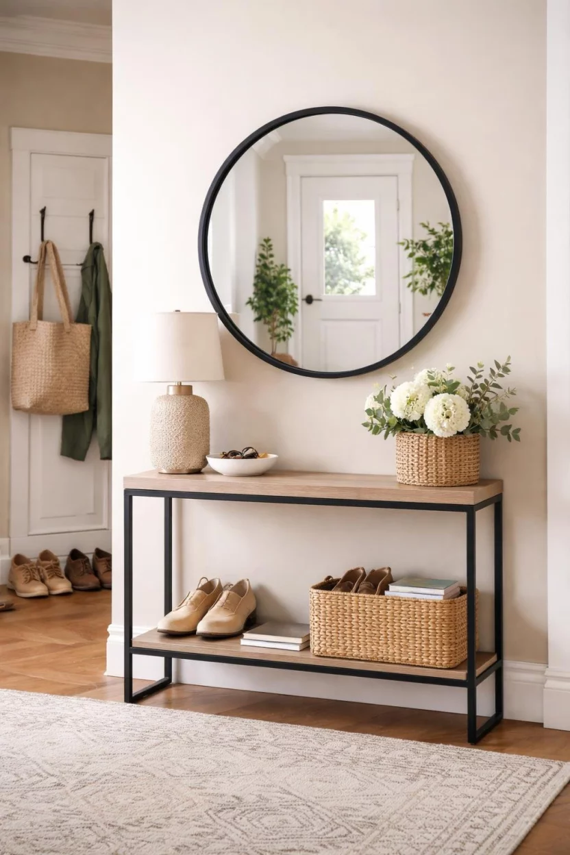 A realistic photo of a mudroom entryway with a round black framed wall mirror hanging above a small console table, reflecting a bright white door and a green potted plant in the background.