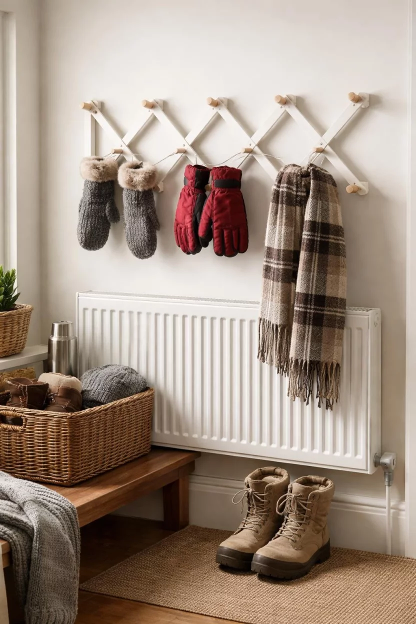 A realistic photo of a mudroom wall with a white wooden accordion style drying rack mounted above a radiator, holding a few wet winter mittens and a scarf in a cozy room.