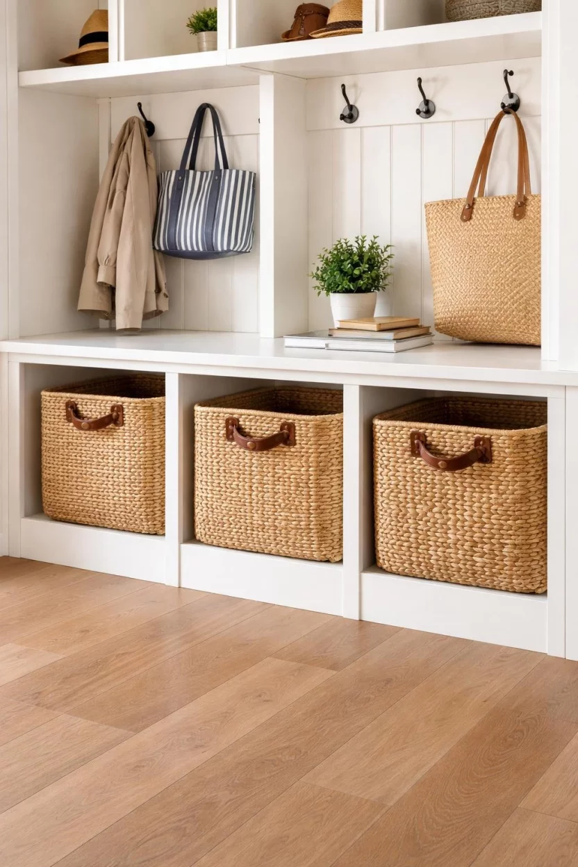 A realistic photo of a mudroom storage unit featuring three large woven seagrass baskets neatly tucked into lower cubby shelves, with leather handles visible and a clean hardwood floor beneath, photographed from a straight on angle.