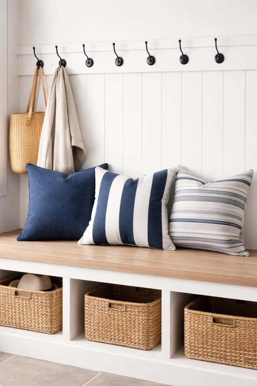 A realistic photo of a mudroom bench with three decorative pillows in navy blue, white, and grey stripes, resting against a white wall with a row of hooks in a brightly lit room.