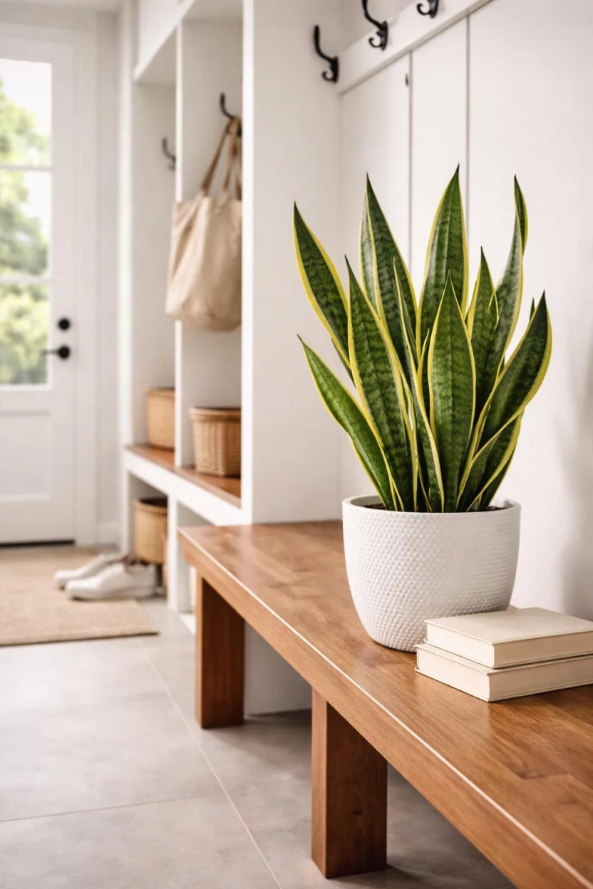 A realistic photo of a mudroom featuring a vibrant green snake plant in a white textured ceramic pot, sitting on a wooden bench next to a stack of beige books in a bright room.