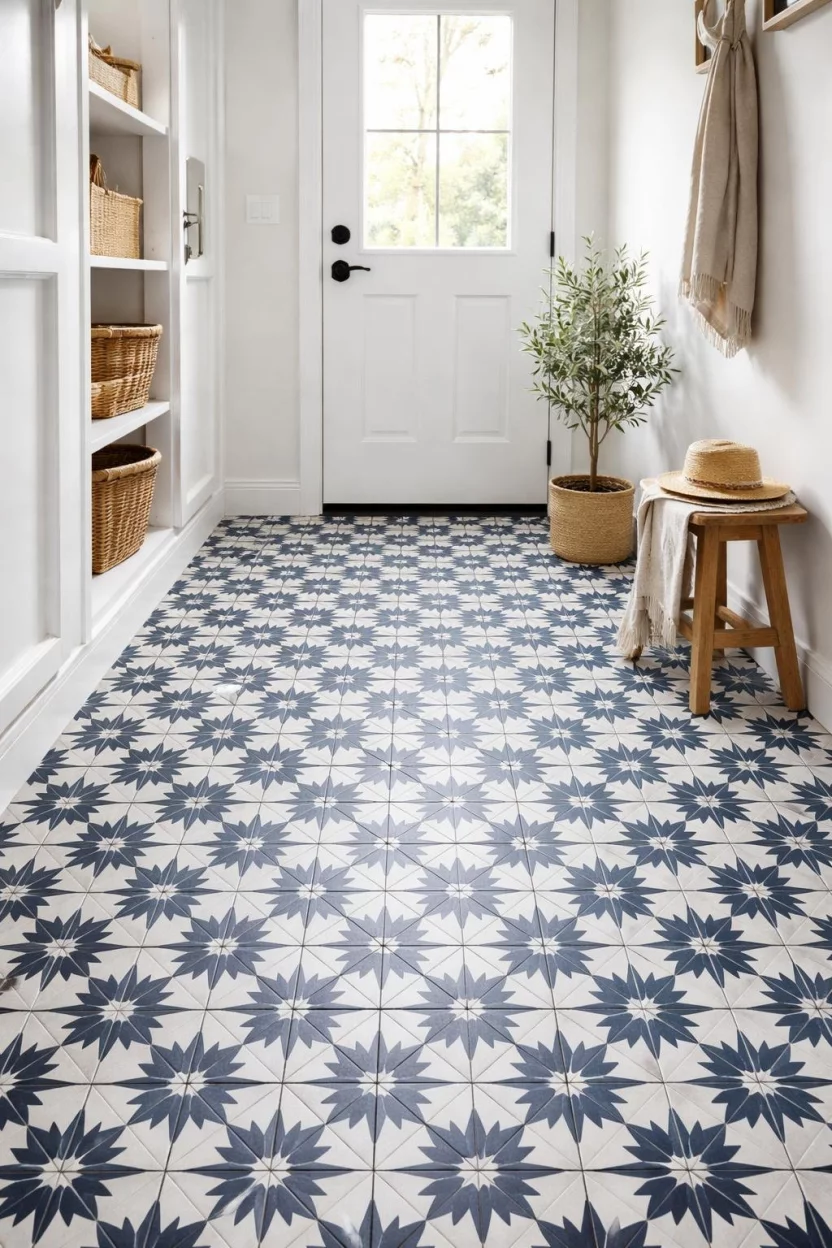 A realistic photo of a mudroom floor with navy and white geometric patterned cement tiles, leading toward a bright white door, with a small potted olive tree in the corner near a wooden stool.