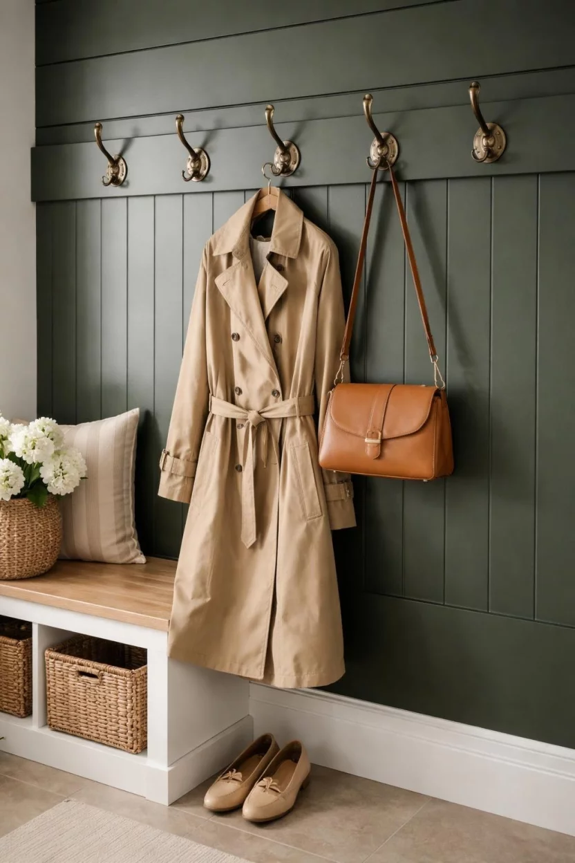 A realistic photo of a mudroom wall with a row of five antique brass double hooks mounted on a dark green shiplap wall, holding a tan trench coat and a small leather handbag in a well lit hallway.