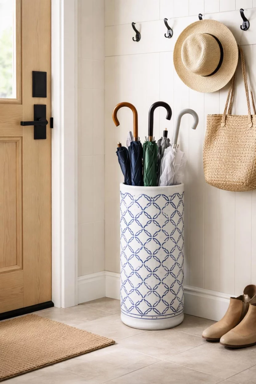 A realistic photo of a mudroom corner with a tall ceramic white umbrella stand featuring a blue lattice pattern, holding several umbrellas next to a light wood door and a straw hat.