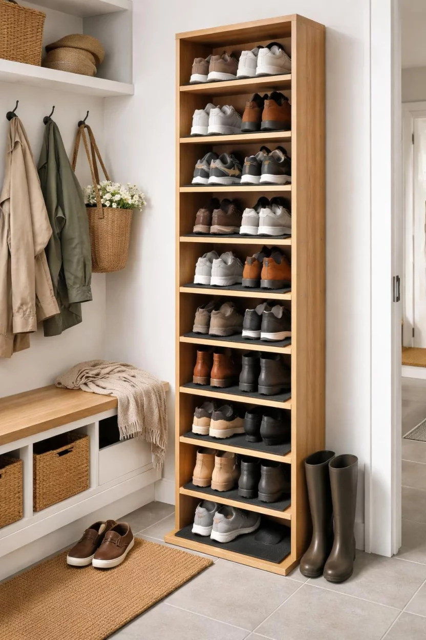 A realistic photo of a mudroom featuring a slim wooden shoe tower with angled shelves and black anti-slip mats to keep sneakers and boots organized in a tight space.